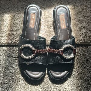 Brighton Black Leather Slide Sandals with Brown Braided Detail